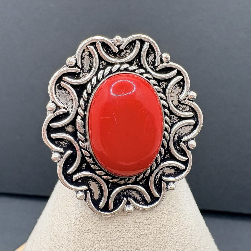 Oval Red Coral Cabochon German Silver Cocktail Ring Size 6 Ornate Scroll